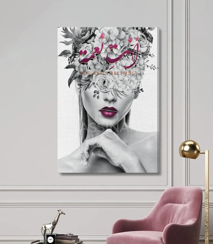 Cuadro You are a Blessing Massinart — retrato mujer flores rosas, embalaje para envío