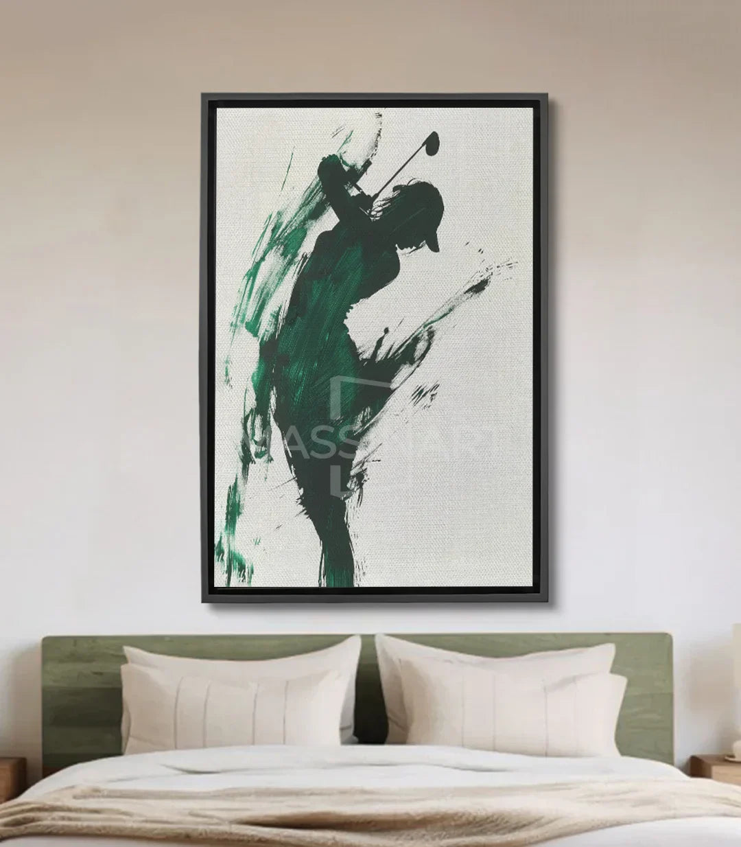 Cuadro Release golfista abstracto, silueta negra y verde sobre fondo blanco - Massinart