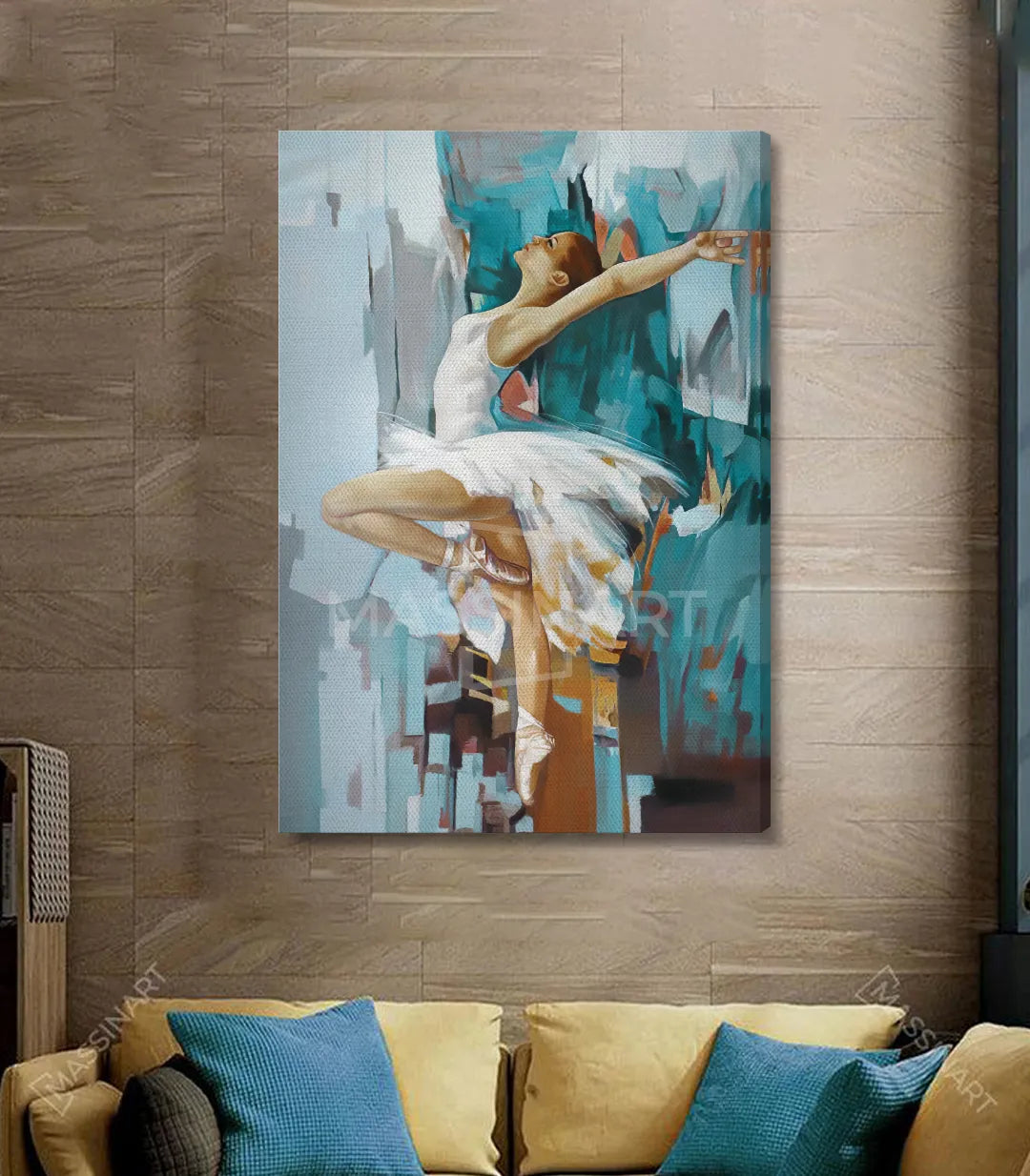 Decoración habitación juvenil con cuadro de bailarina expresionista sobre fondo azul — Massinart