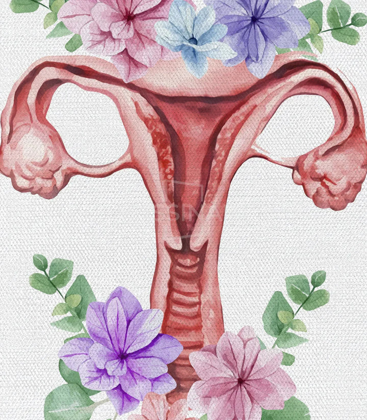 Cuadro Floral Uterus ilustración del sistema reproductivo con flores en acuarela, Massinart