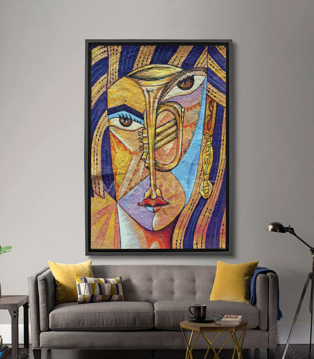 Cuadro retrato cubista surrealista multicolor — rostro geométrico en azul y dorado, Massinart