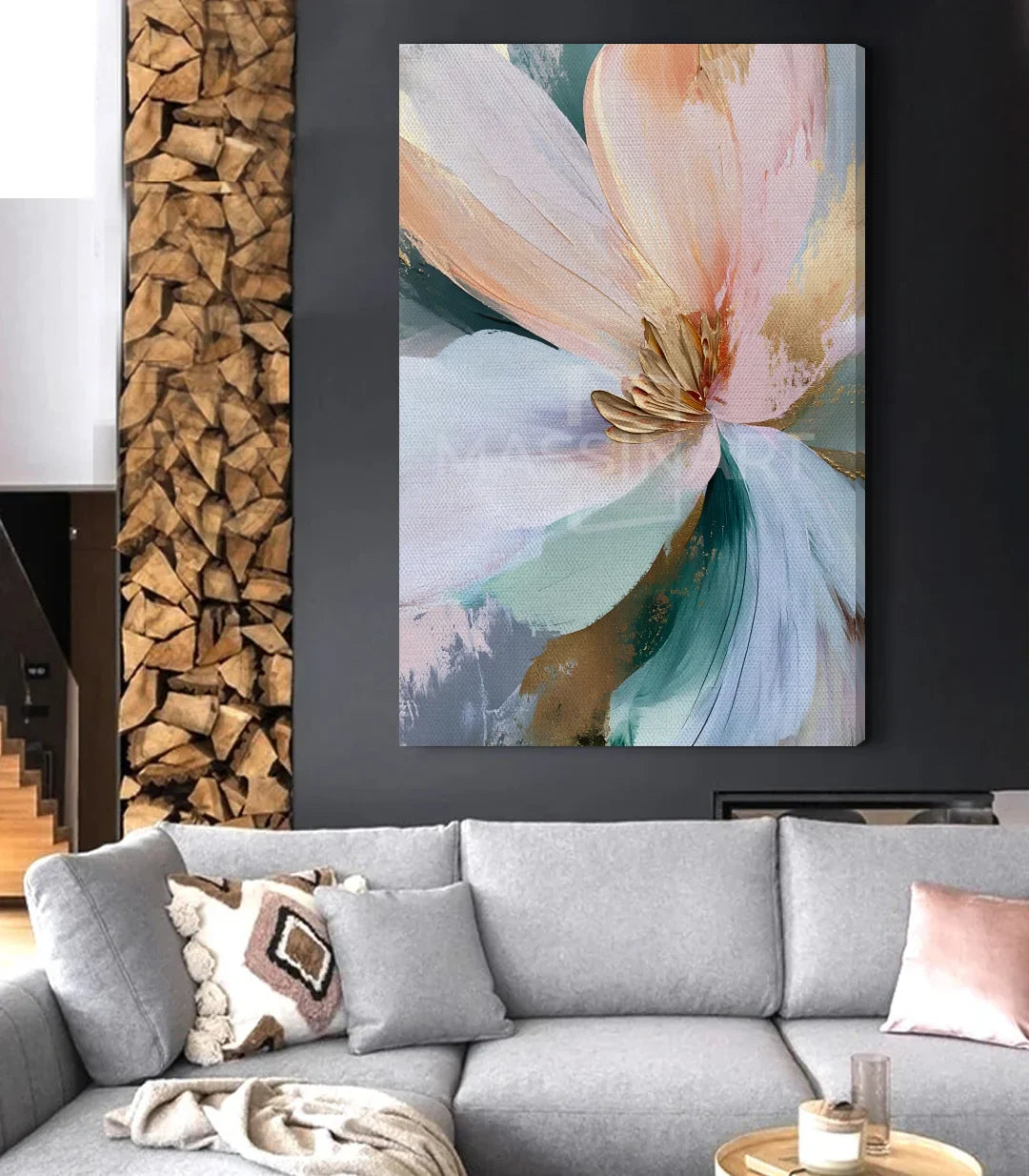 Cuadro Rose Breath en salón elegante oscuro — lámina floral decorativa Massinart