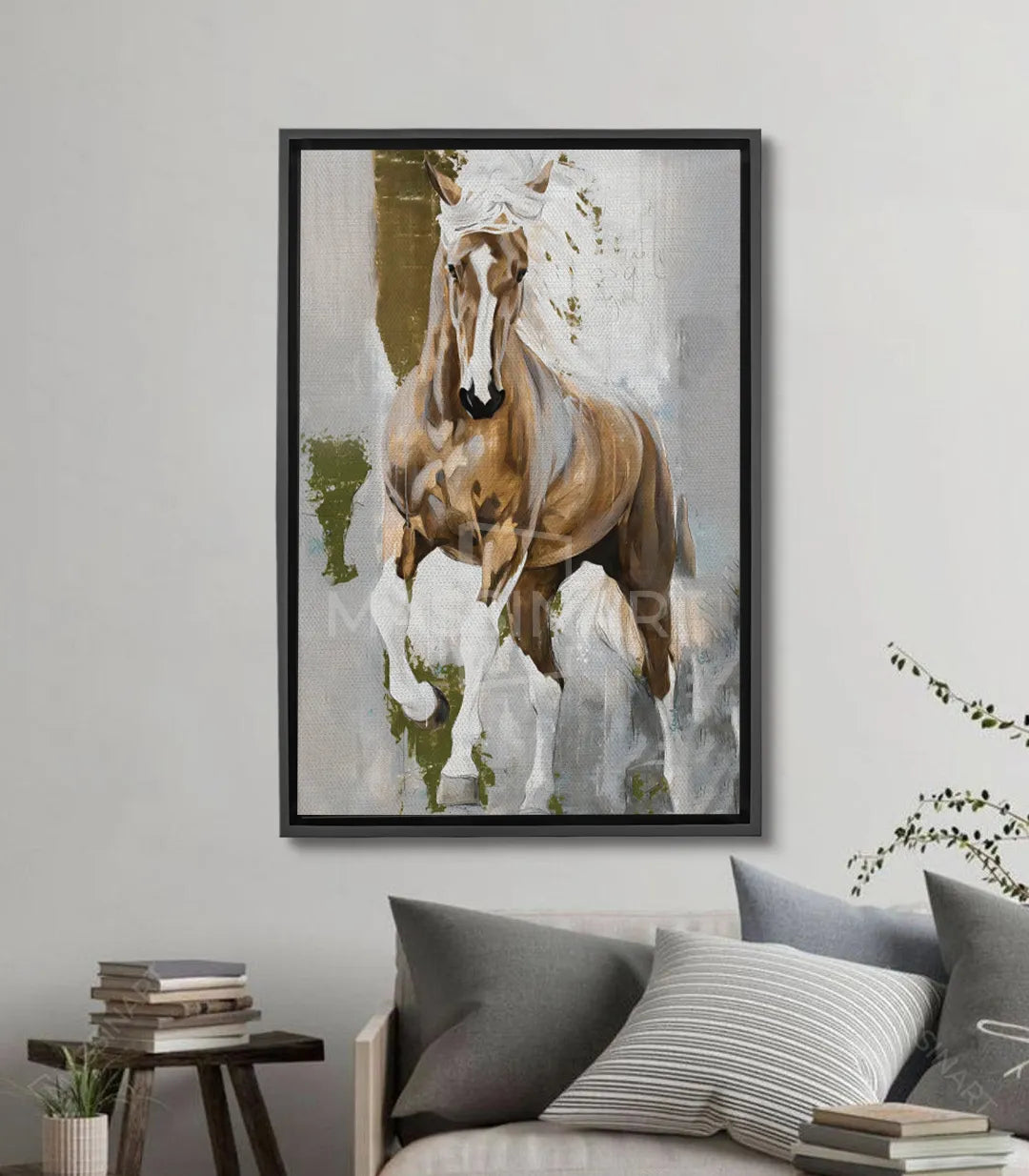 Cuadro de caballo blanco en acuarela, tonos marrones, beige y gris, estilo contemporáneo — Massinart
