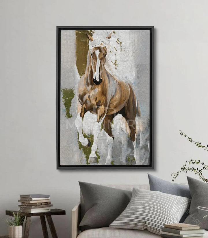 Cuadro de caballo blanco en acuarela, tonos marrones, beige y gris, estilo contemporáneo — Massinart