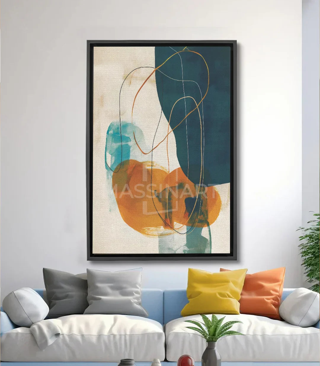 Cuadro abstracto geométrico Massinart — formas fluidas en azul, naranja y beige con líneas doradas