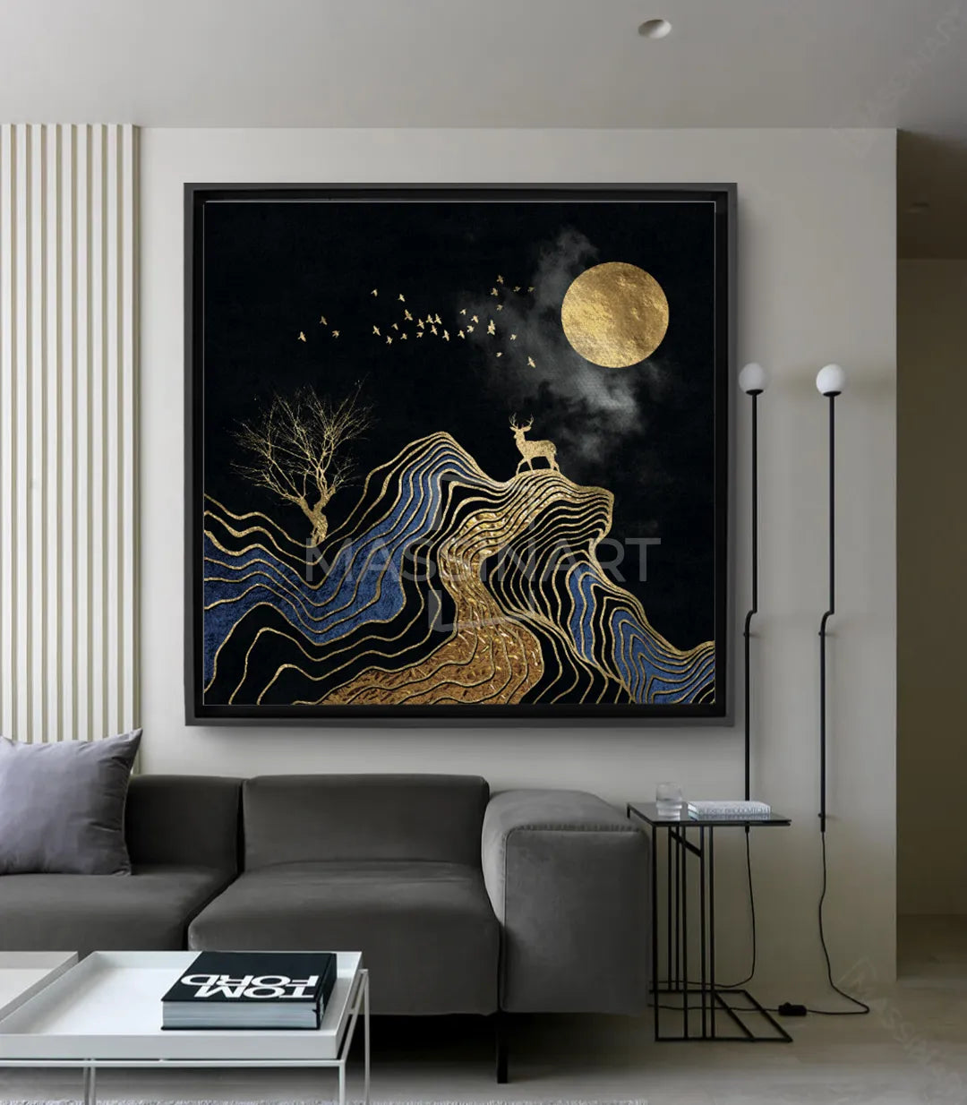 Cuadro ciervo y luna dorada sobre fondo negro, arte abstracto minimalista dorado — Massinart