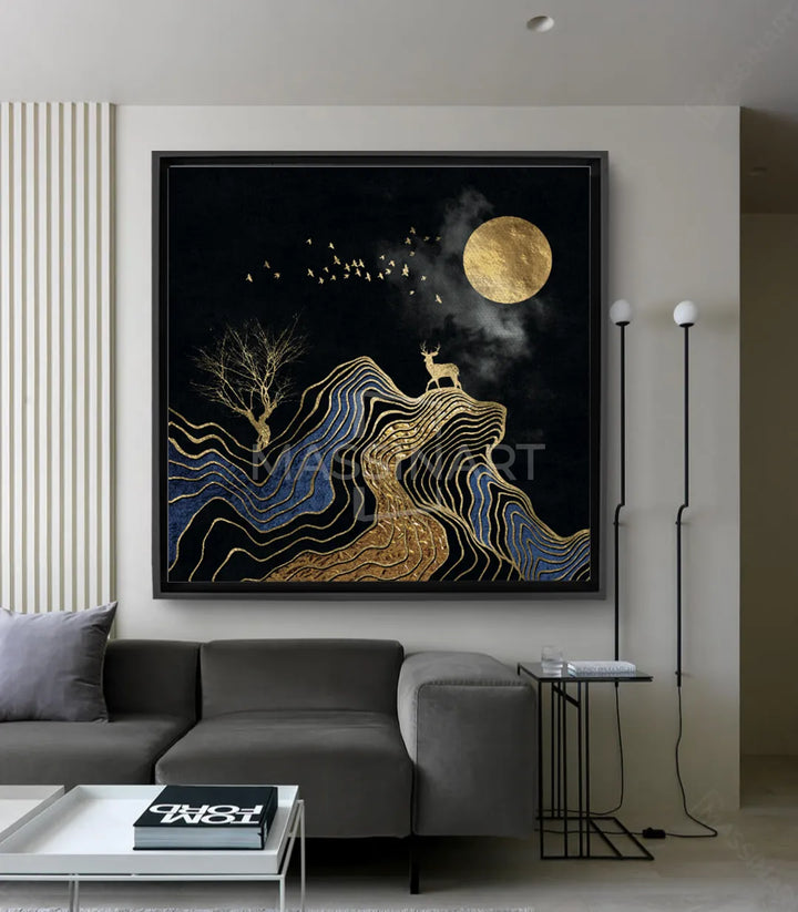 Cuadro ciervo y luna dorada sobre fondo negro, arte abstracto minimalista dorado — Massinart