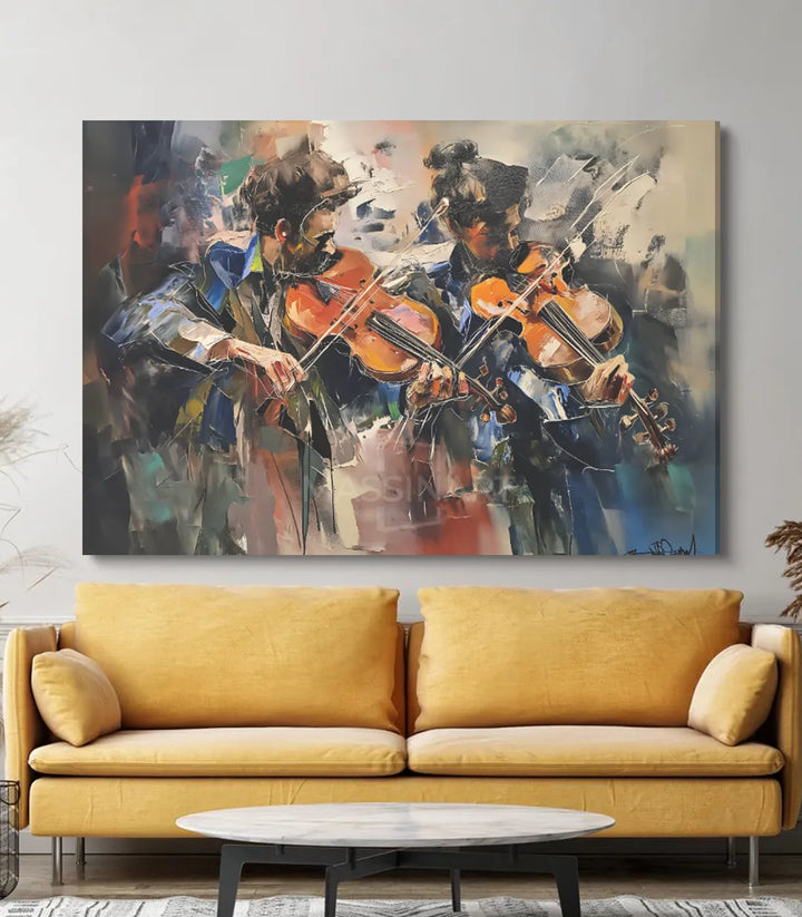 Cuadro Violinistas decorando salón moderno — lienzo expresionista Massinart
