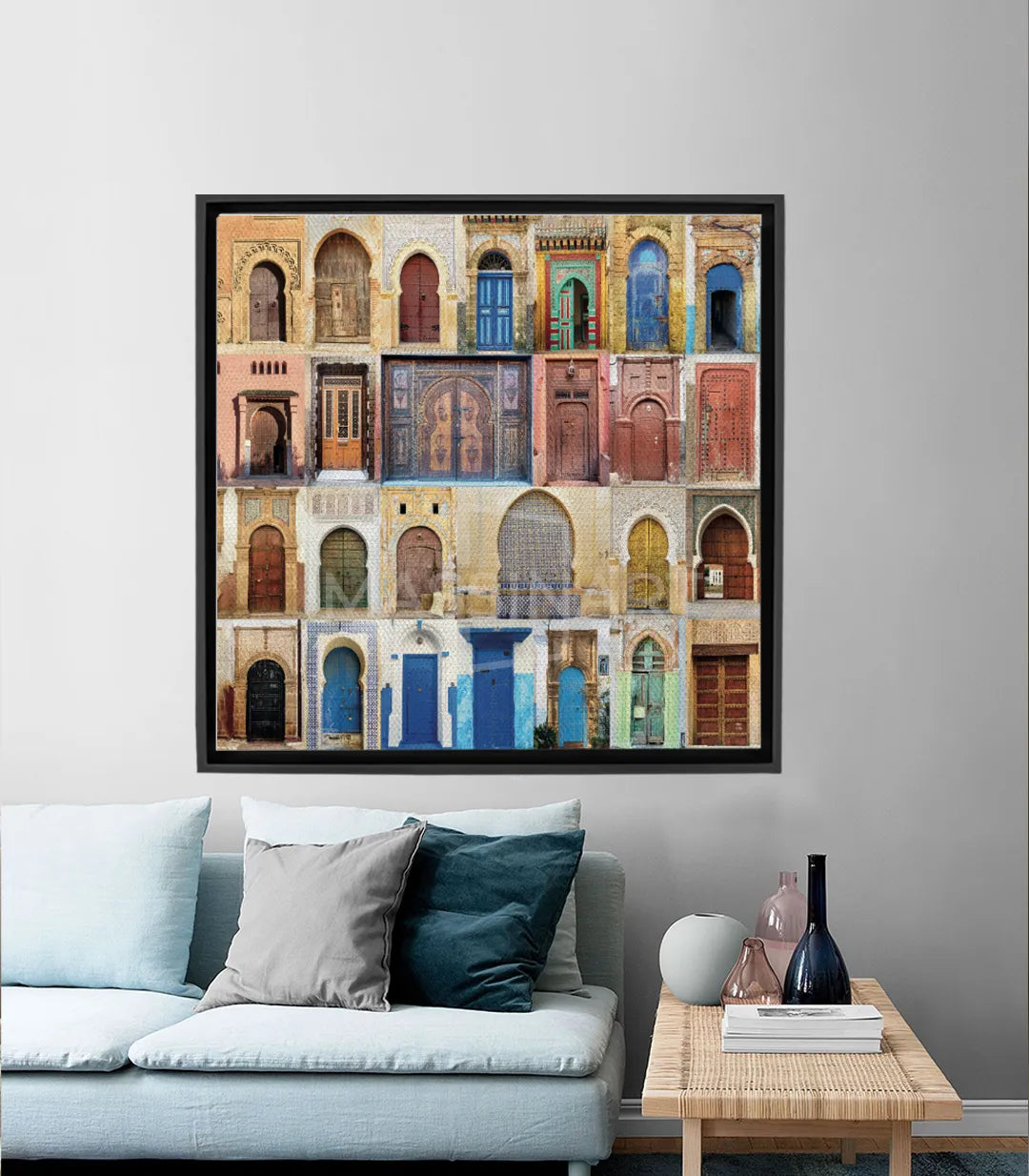 Cuadro Puertas de Marruecos — collage de puertas marroquíes multicolor en tonos ocre, azul y verde — Massinart