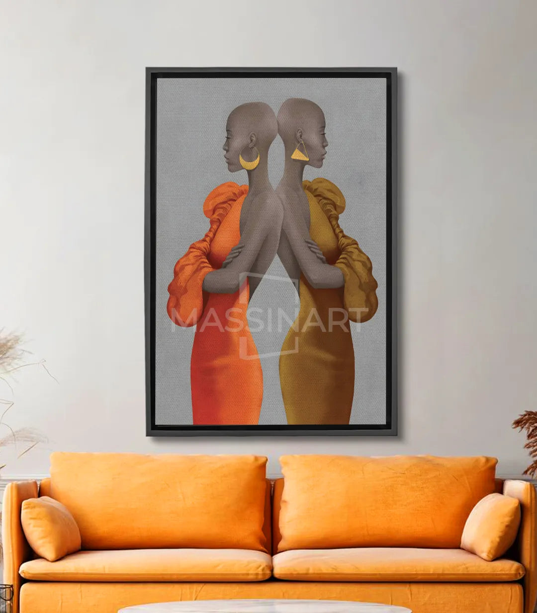 Cuadro Twins Massinart — dos mujeres de perfil en composición simétrica, tonos naranja y amarillo dorado