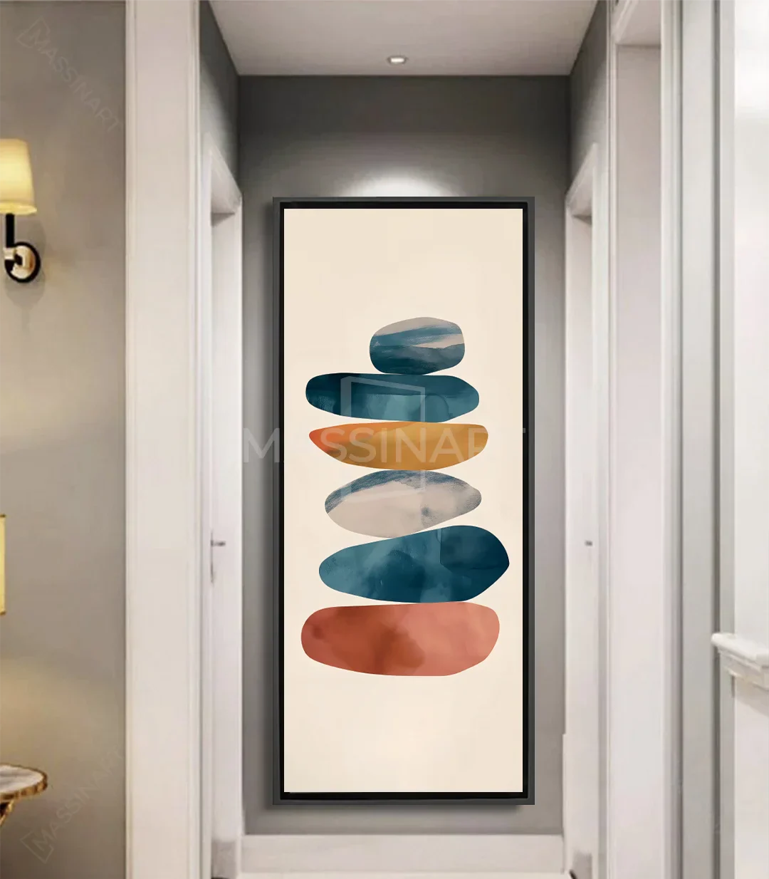 Cuadro Zen Massinart — piedras apiladas en tonos azules sobre fondo crema, estilo minimalista