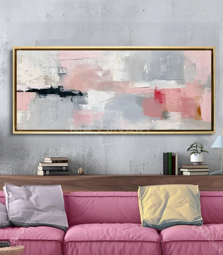 Cuadro abstracto Rosa en salón moderno decorado en tonos rosas con sofá — Massinart