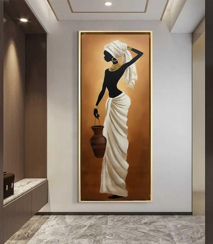Ambientación salón moderno con cuadro decorativo retrato mujer africana Massinart