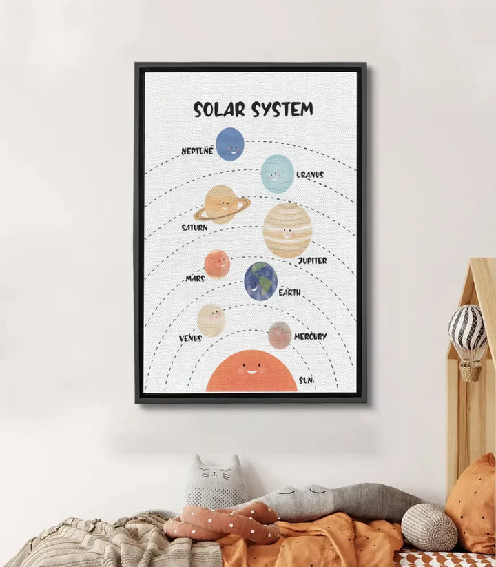 Cuadro sistema solar Massinart — planetas de colores con sol, luna y órbitas, estilo ilustración infantil