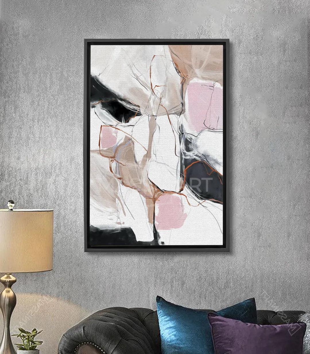 Cuadro Pink Touch abstracto minimalista, formas geométricas en blanco, rosa empolvado y negro — Massinart