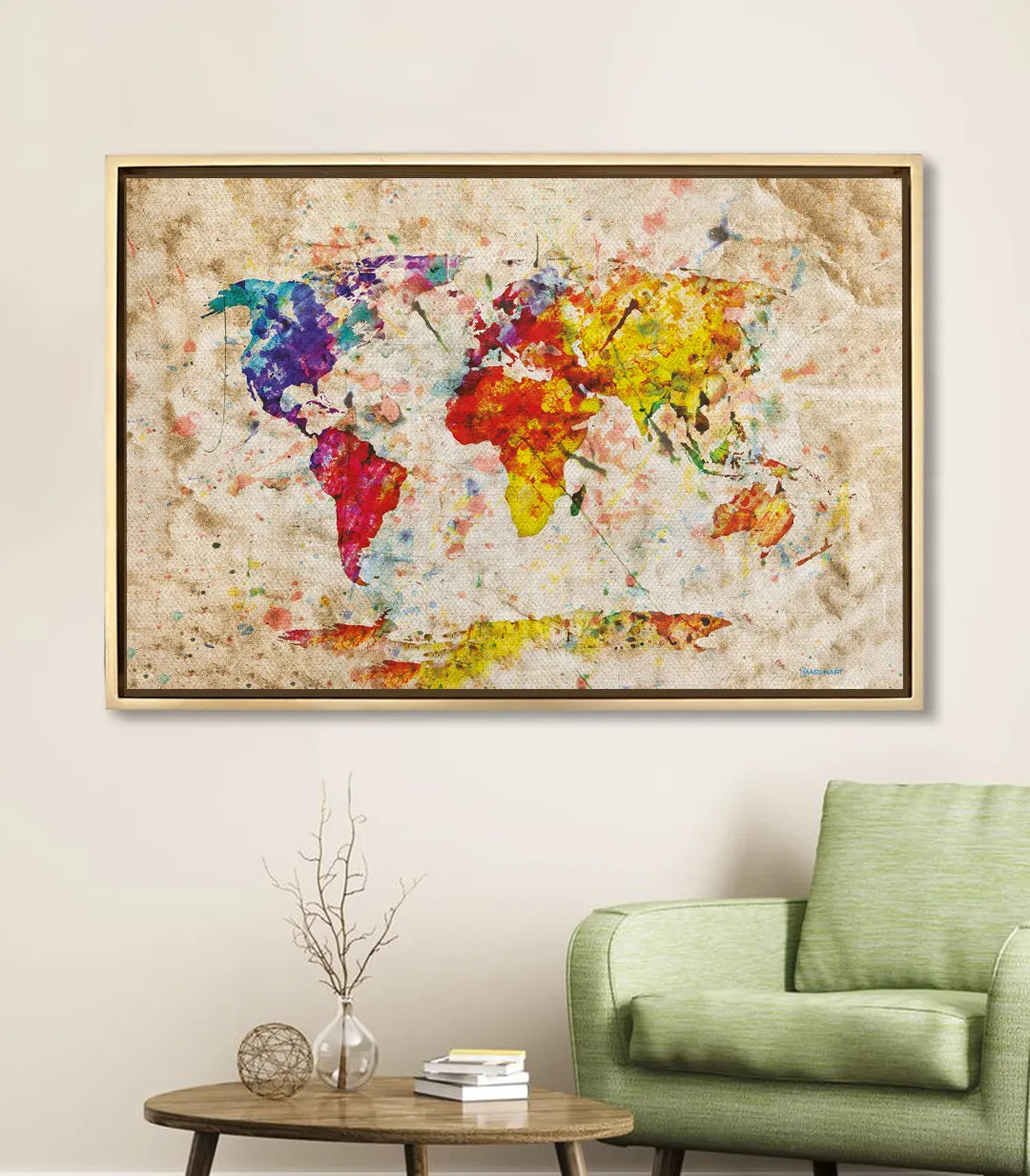 Cuadro mapa del mundo en color en salón moderno — decoración mural Massinart