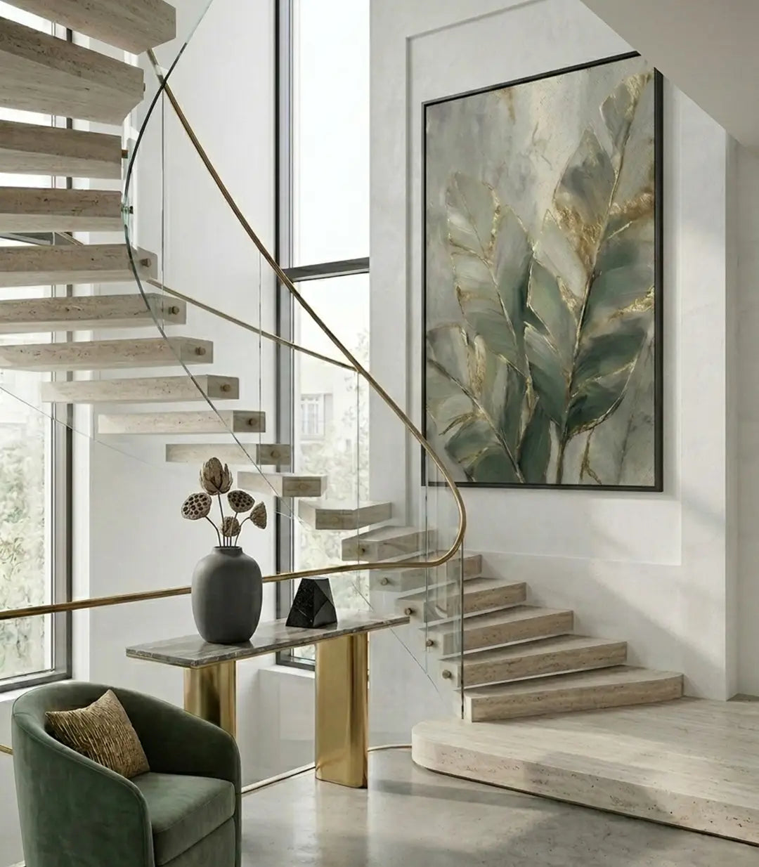 Cuadro Gildleaf hojas doradas sobre fondo verde salvia — decoración mural Massinart