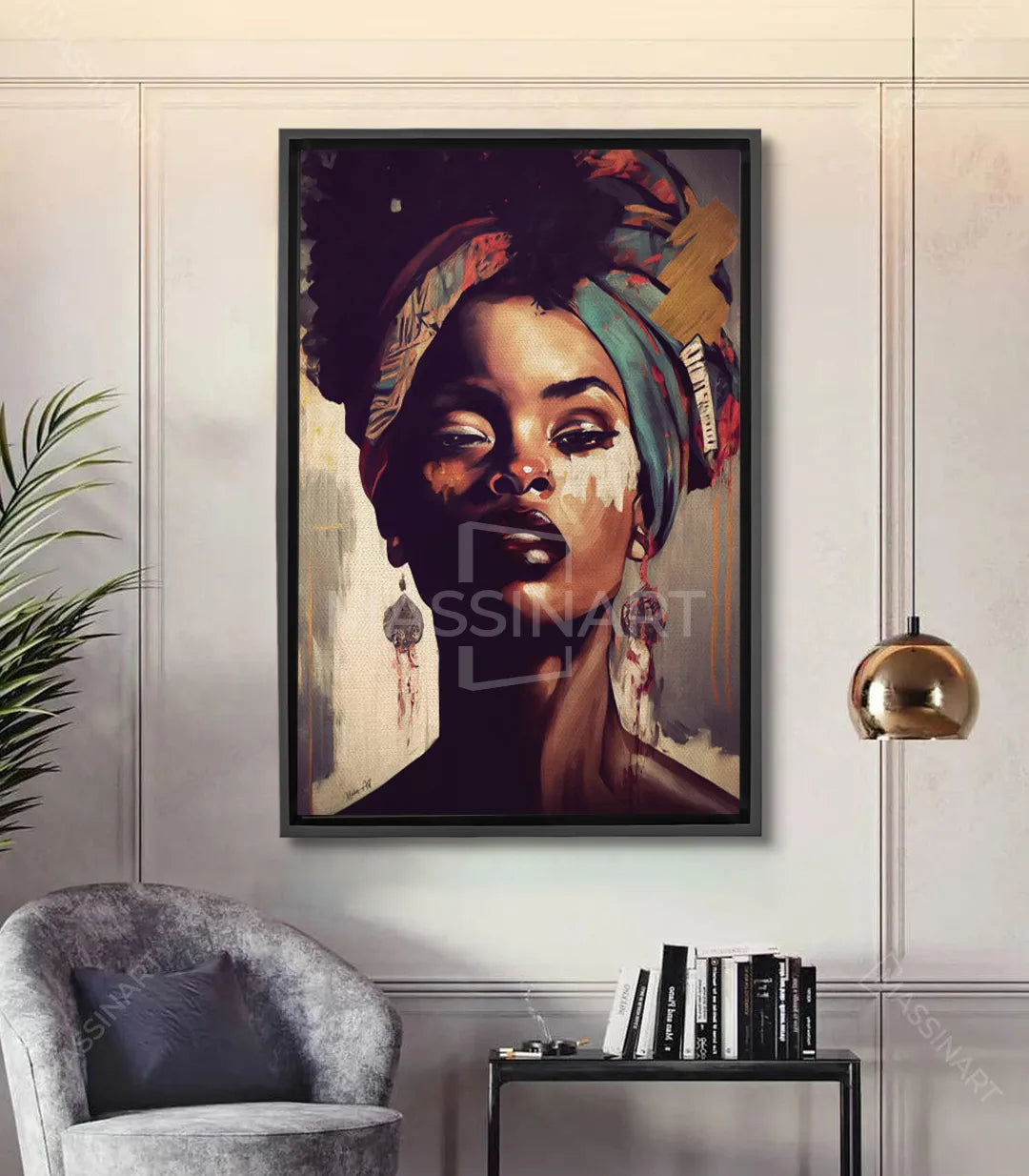 Cuadro retrato mujer africana con pañuelo y pendientes, tonos dorados y marrón — Massinart