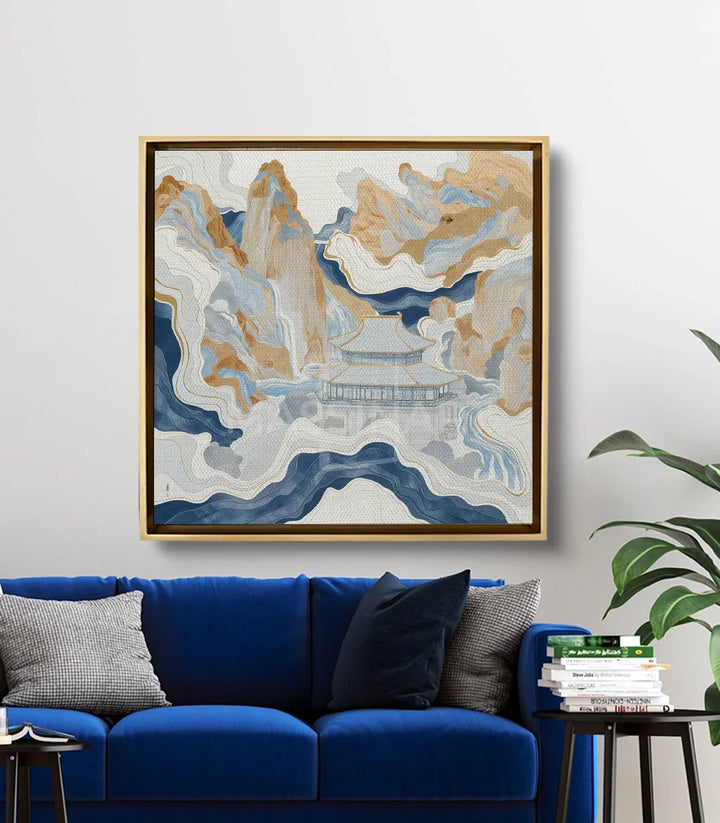 Cuadro Mystic Retreat en decoración de salón moderno con sofá azul, ambientación Massinart