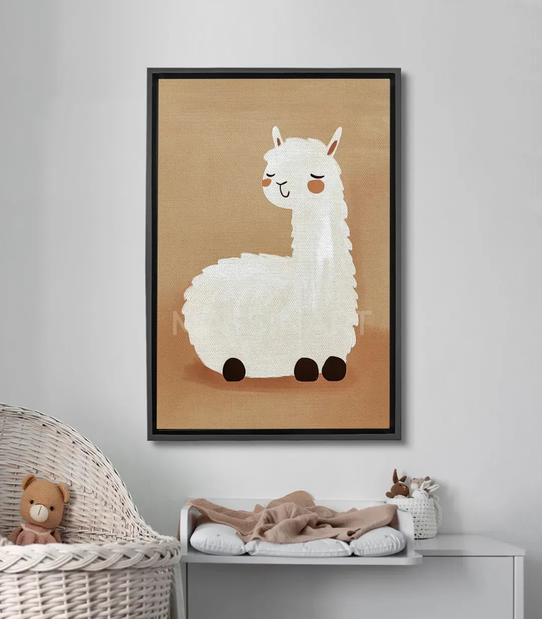 Cuadro llama blanca sonriente fondo beige estilo minimalista Massinart