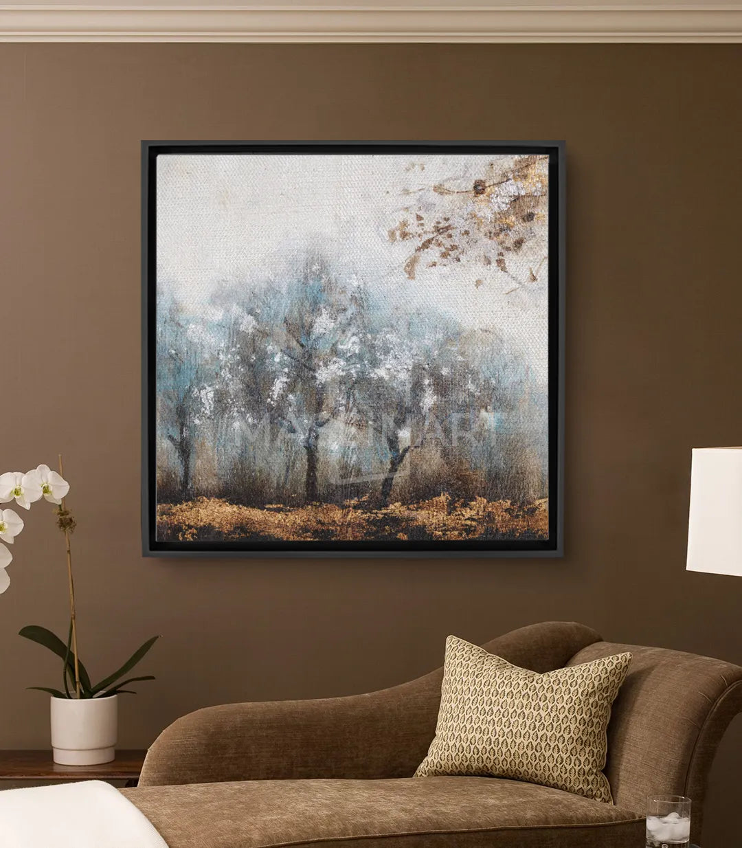 Cuadro abstracto bosque brumoso con árboles en tonos gris y beige — Massinart