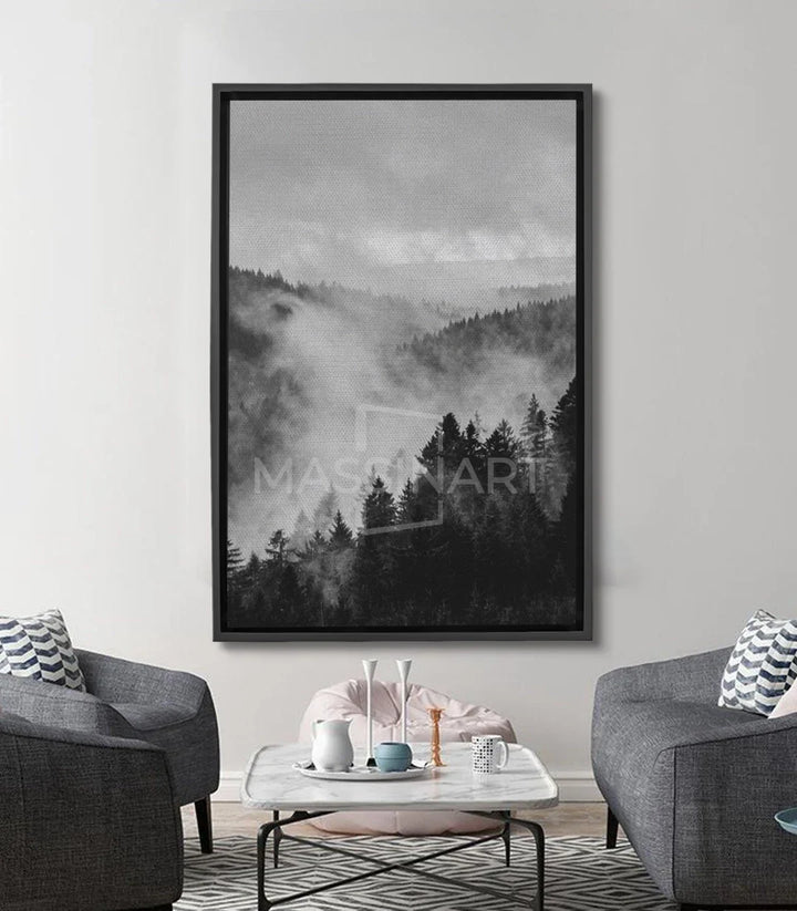 Cuadro Veiled Forest — paisaje de bosque con niebla en blanco y negro, estilo minimalista, Massinart
