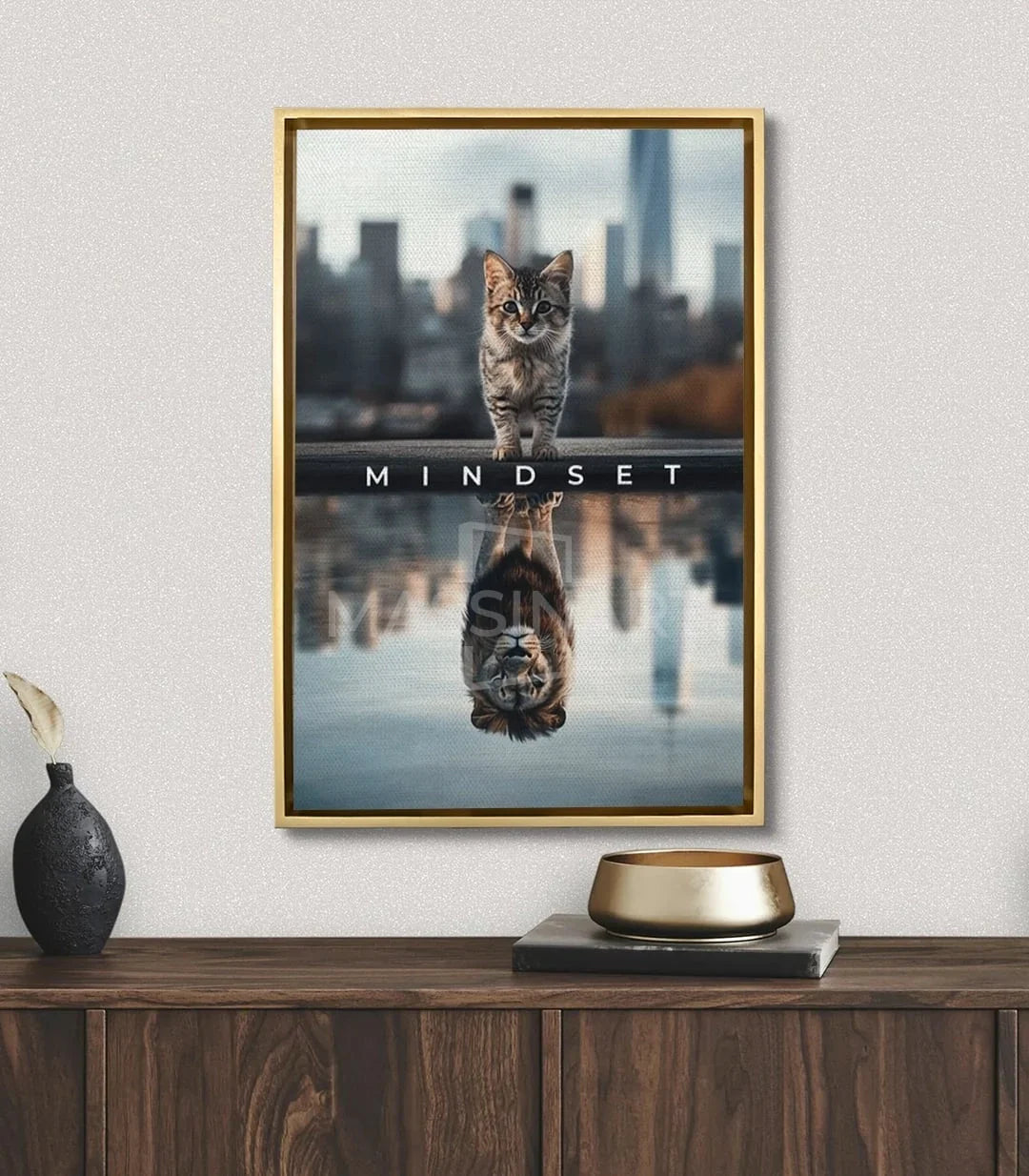 Cuadro Mindset Massinart en salón moderno — fotografía artística gato decoración pared