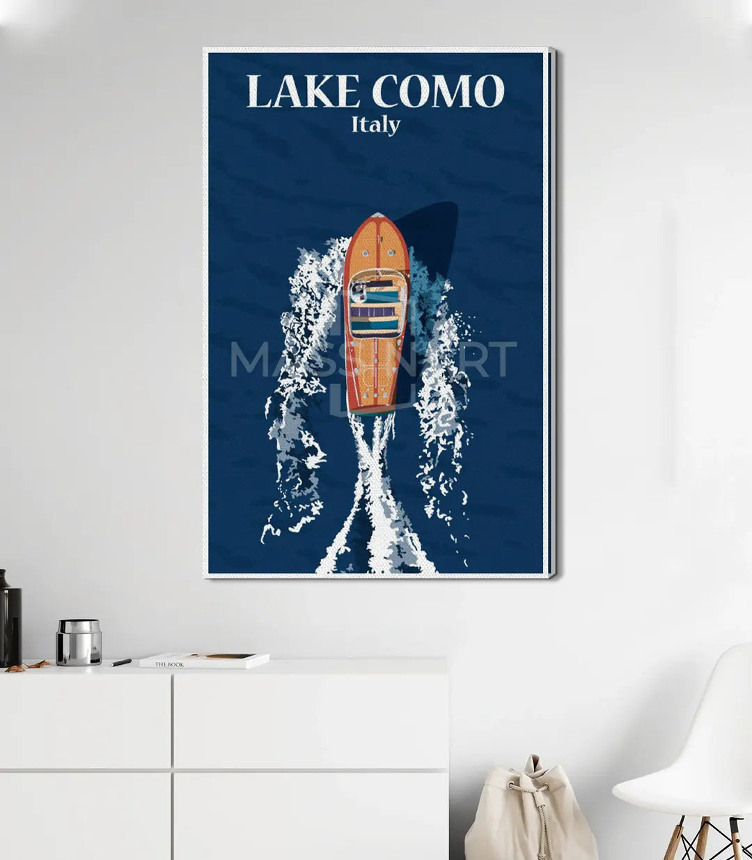 Lámina Lake Como en interior contemporáneo — arte mural estilo retro italiano