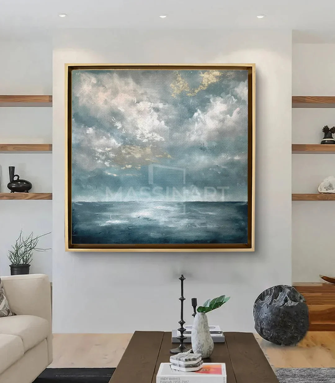 Cuadro paisaje marino cuadrado en marco negro en salón moderno, decoración contemporánea Massinart