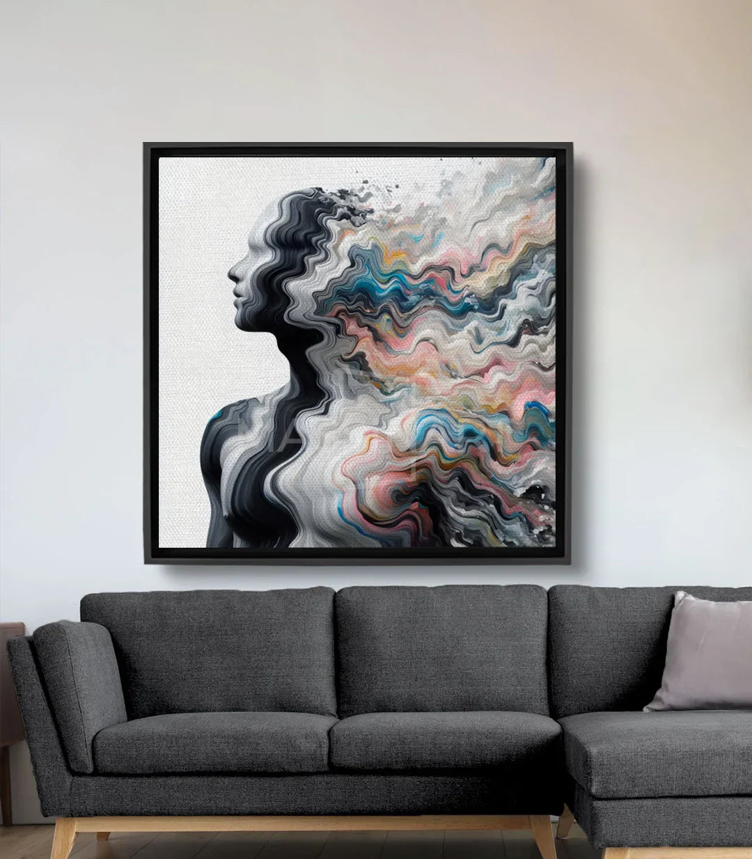 Cuadro Color Surge perfil femenino abstracto Massinart — silueta negra con ondulaciones multicolores