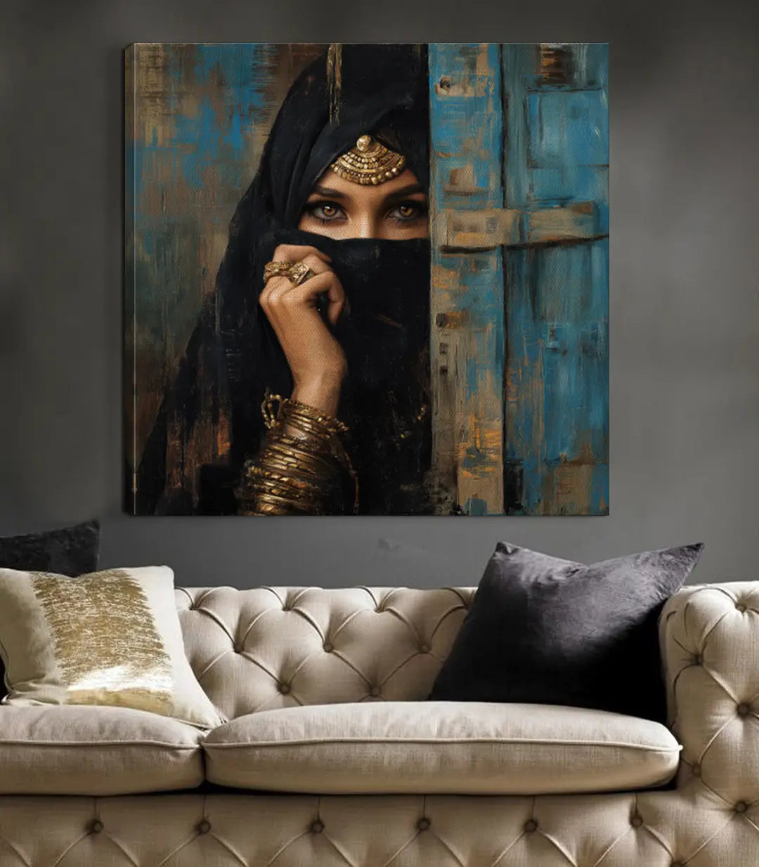 Detalle del retrato mujer con velo y joyas doradas — Eastern Gaze Massinart