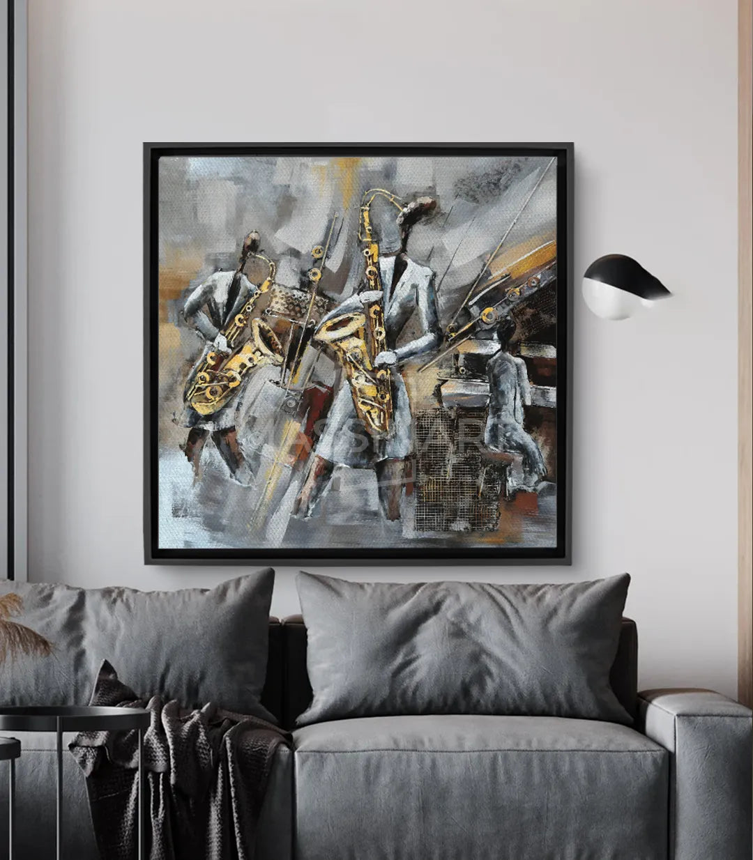 Cuadro Jazz Saxofón — composición expresionista abstracta en grises y negros, arte mural Massinart