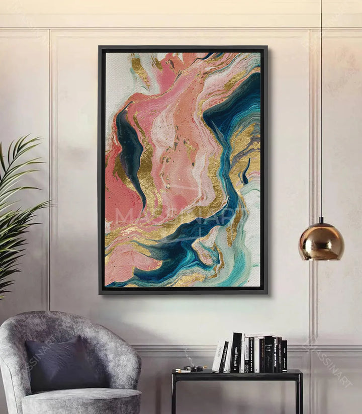 Cuadro abstracto fluido efecto mármol rosa azul y dorado — Massinart