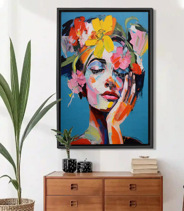 Cuadro Dreamy Blossom retrato mujer con flores coloridas fondo azul Massinart
