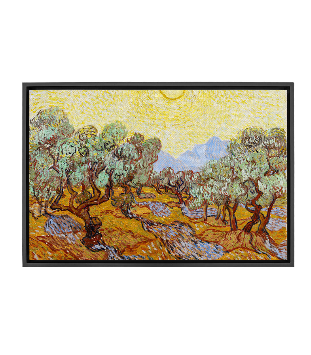 Cuadro Olive Trees de Van Gogh, paisaje expresionista con olivos retorcidos, cielo amarillo y montaña azul — Massinart