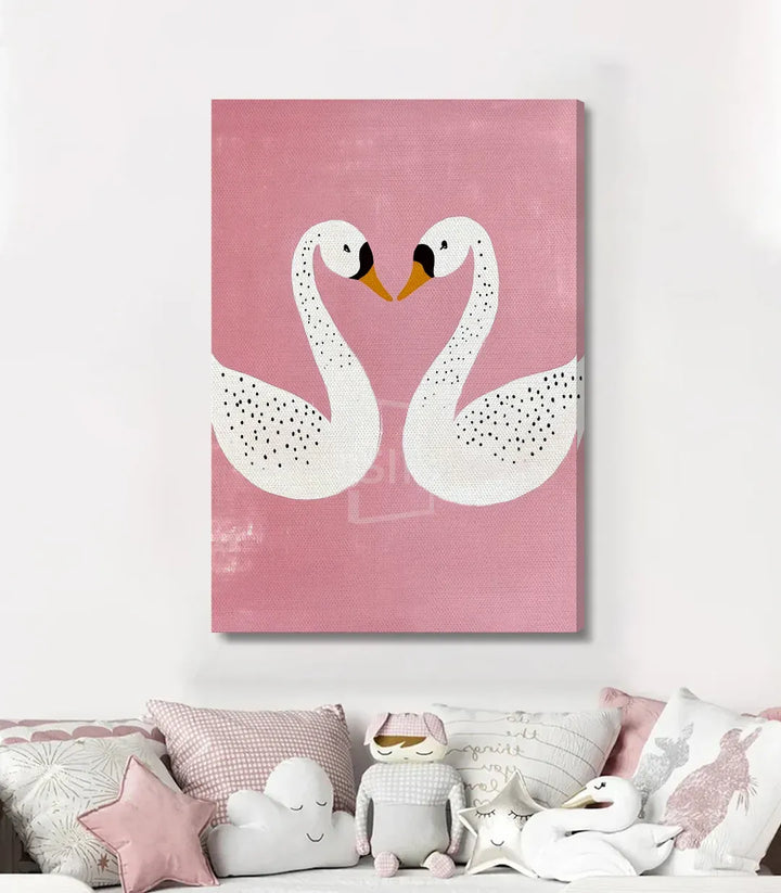 Detalle cuadro Goose's Love — cisnes formando corazón en blanco sobre fondo rosa, Massinart