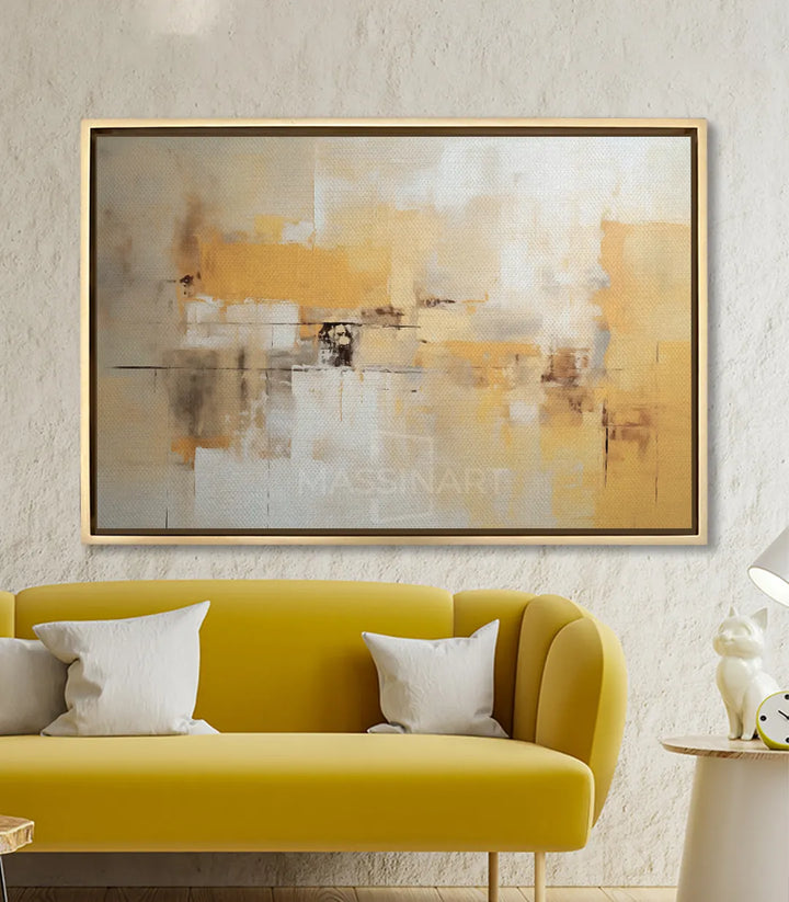 Cuadro Light en salón moderno con sofá amarillo mostaza, decoración de interiores Massinart