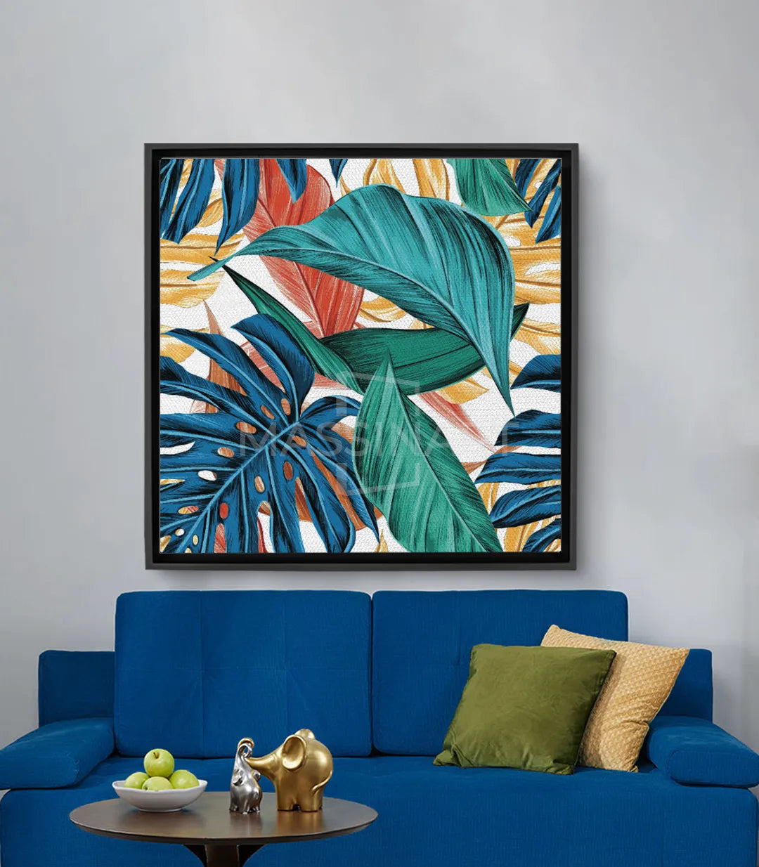 Cuadro Oxygen Massinart — hojas de monstera en azul, verde y dorado sobre fondo blanco