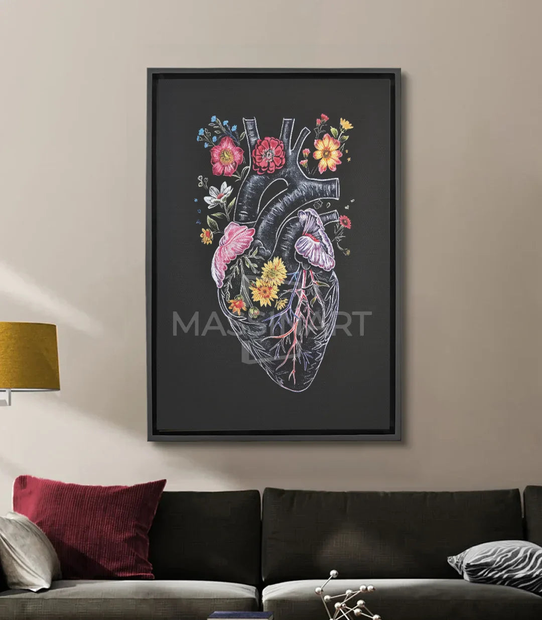 Cuadro corazón floral anatómico Massinart — corazón negro decorado con rosas y flores de colores