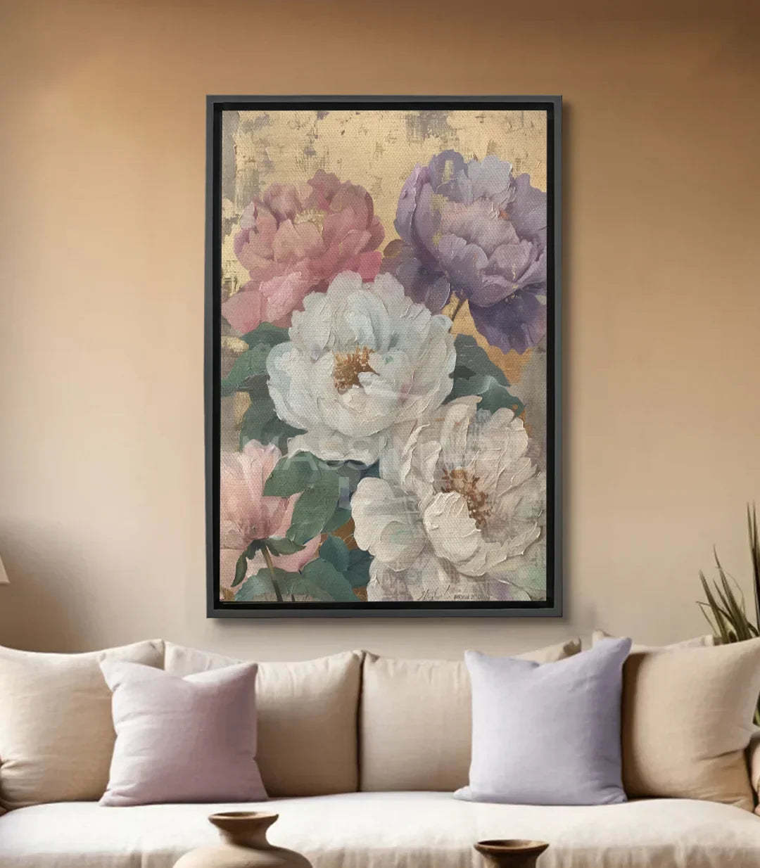 Cuadro Prosperity Massinart — peonías en rosa empolvado, malva y blanco sobre fondo beige vintage