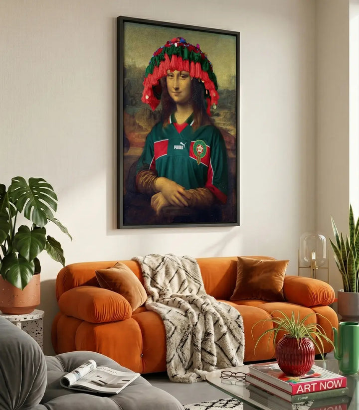 Cuadro pop art Mona Morocco — Mona Lisa con la camiseta verde de los Leones del Atlas y sombrero tradicional marroquí Taraza