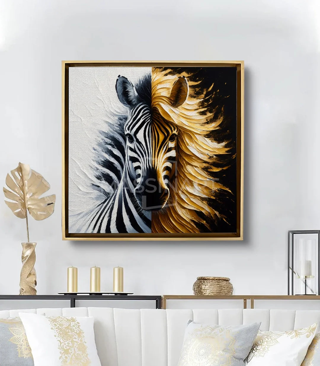 Cuadro cebra Dual Spirit en salón moderno decorado en negro y dorado — Massinart