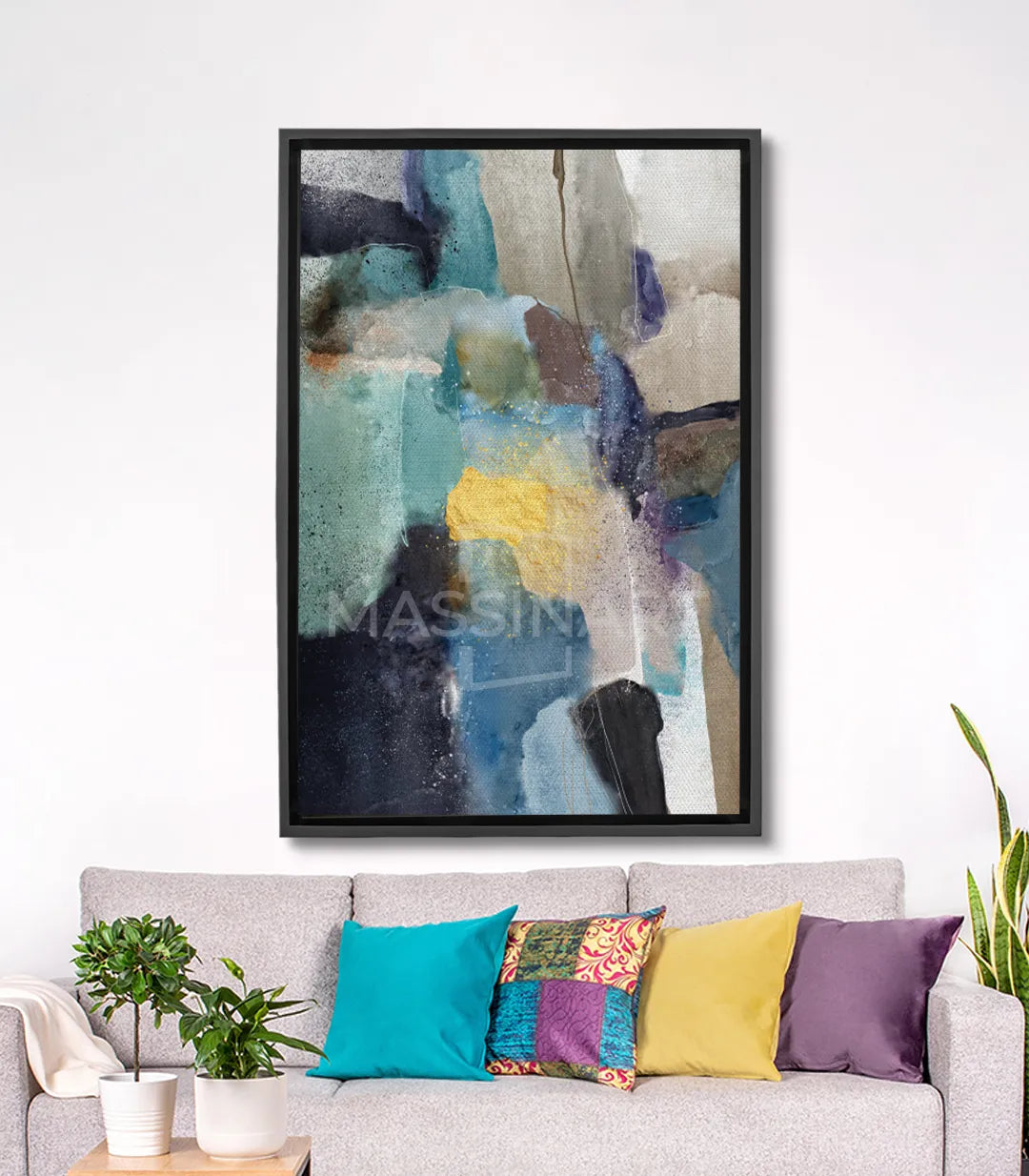 Cuadro abstracto manchas acuarela turquesa azul y amarillo sobre fondo negro, Massinart