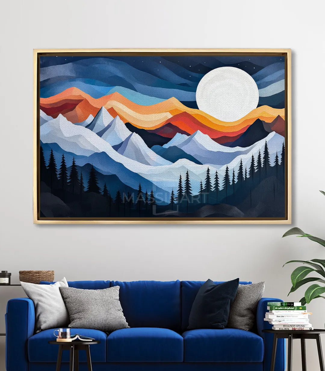 Cuadro Moonlit Peaks en salón moderno con sofá azul decoración mural contemporánea