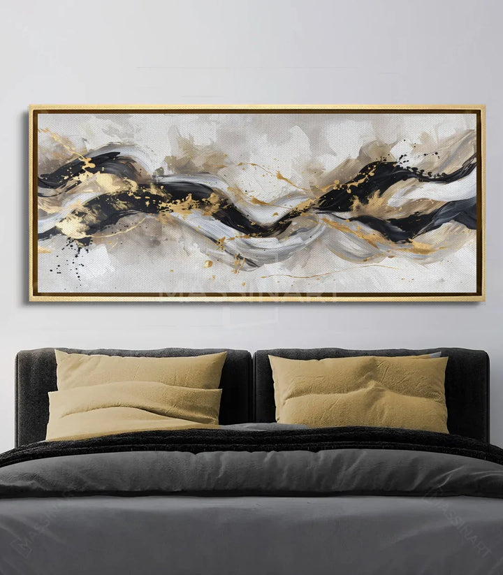 Cuadro abstracto Surge horizontal — olas expresionistas en negro, oro y beige