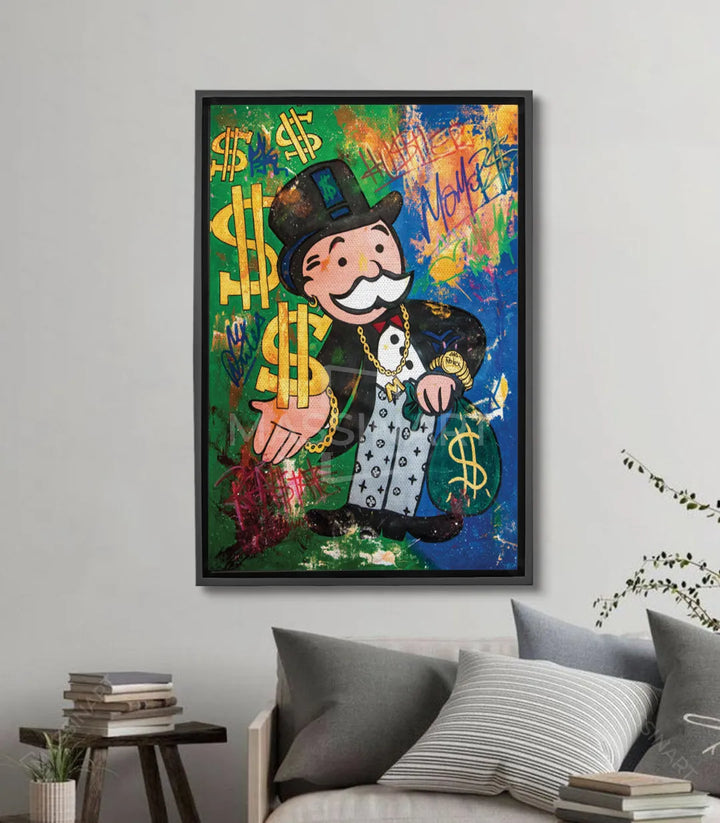 Cuadro Hustler pop-art Massinart — personaje cartoon con dólares dorados sobre fondo verde y azul