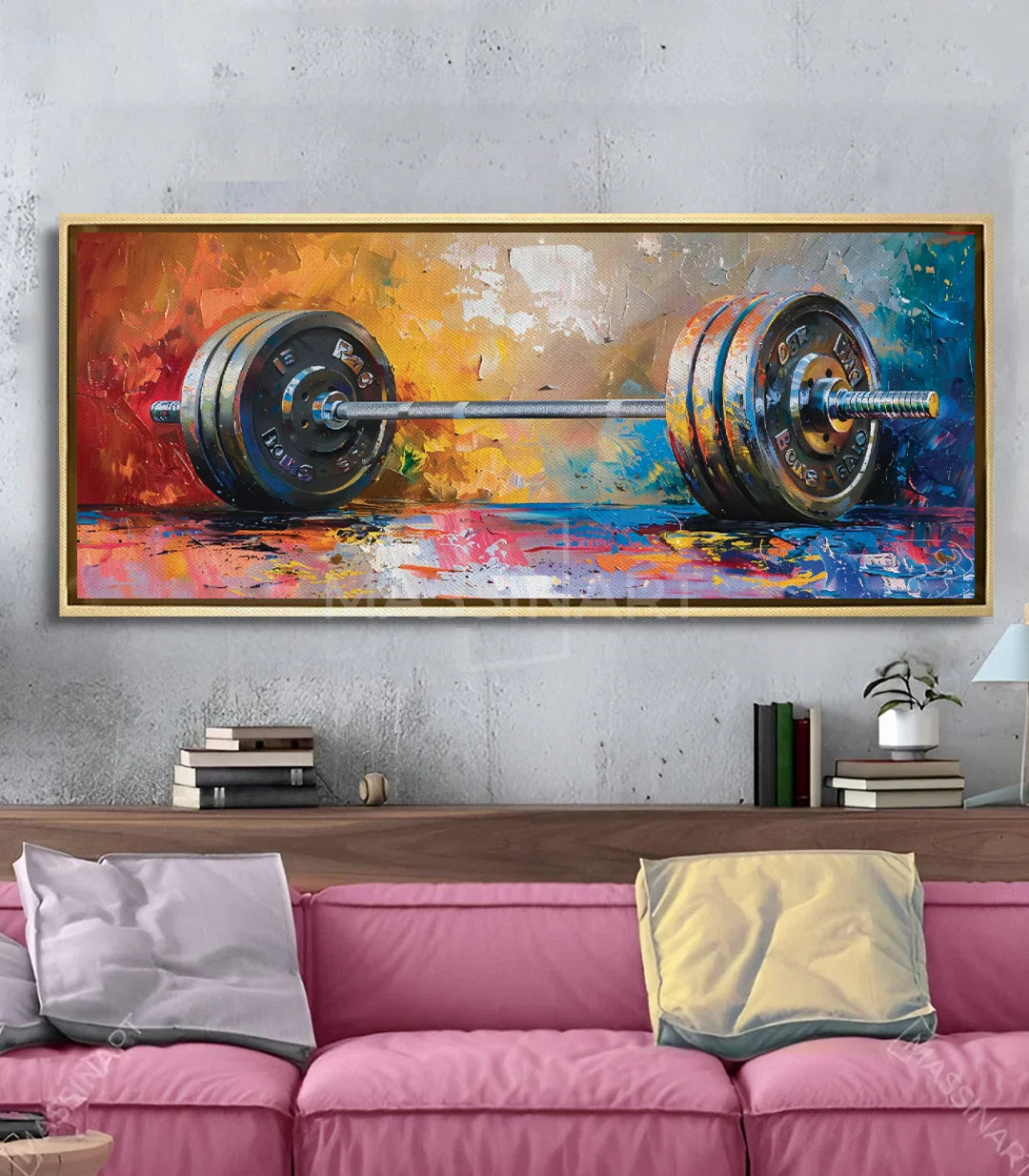 Cuadro Barbel mancuernas fitness decoración salón moderno ambiente Massinart