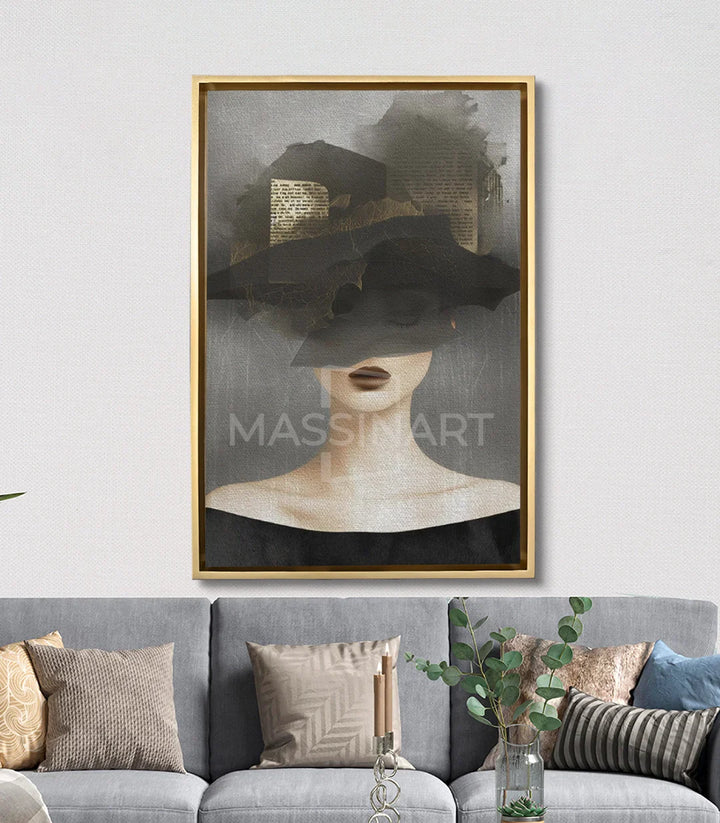 Cuadro Mystique en salón moderno decorado en tonos grises, Massinart