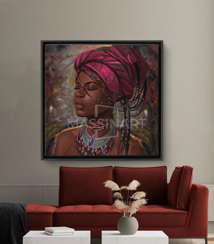 Cuadro retrato mujer africana con turbante rosa y joyas étnicas, arte decorativo Massinart