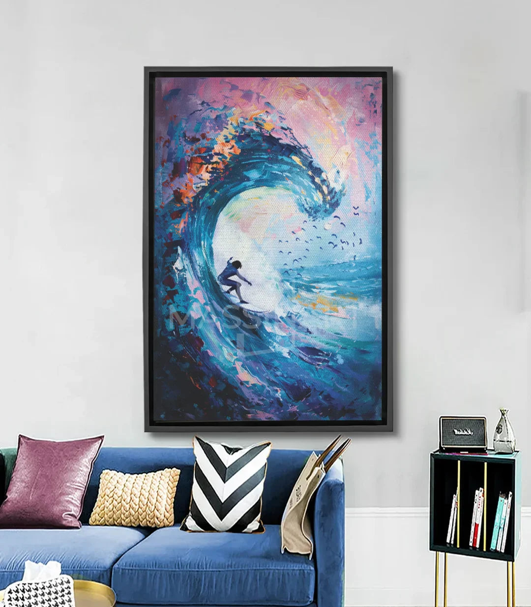 Cuadro surfista ola estilo expresionista en azul turquesa y naranja — Massinart